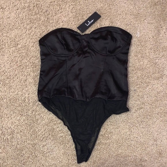 NWT Lulu’s Sultry Sweetie Black Strapless Satin Bustier Bodysuit Size Small - Picture 4 of 14